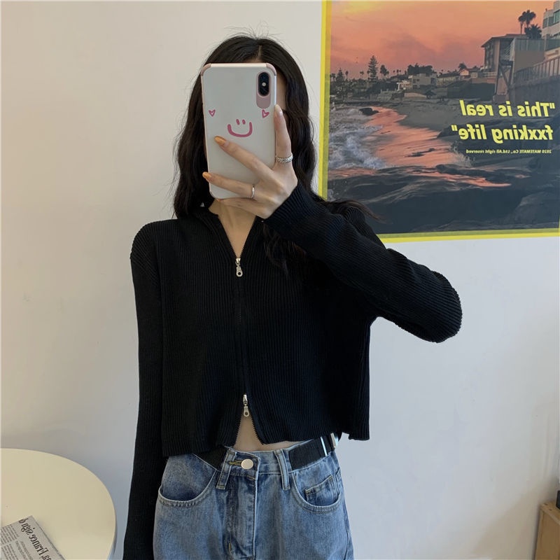 Áo croptop có nón vải mỏng phối dây kéo dáng rộng dệt kim tay dài cho nữ 2021