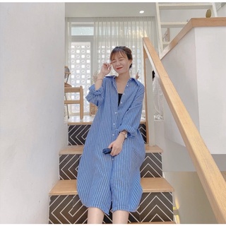 Váy sơ mi kẻ xanh dài tay