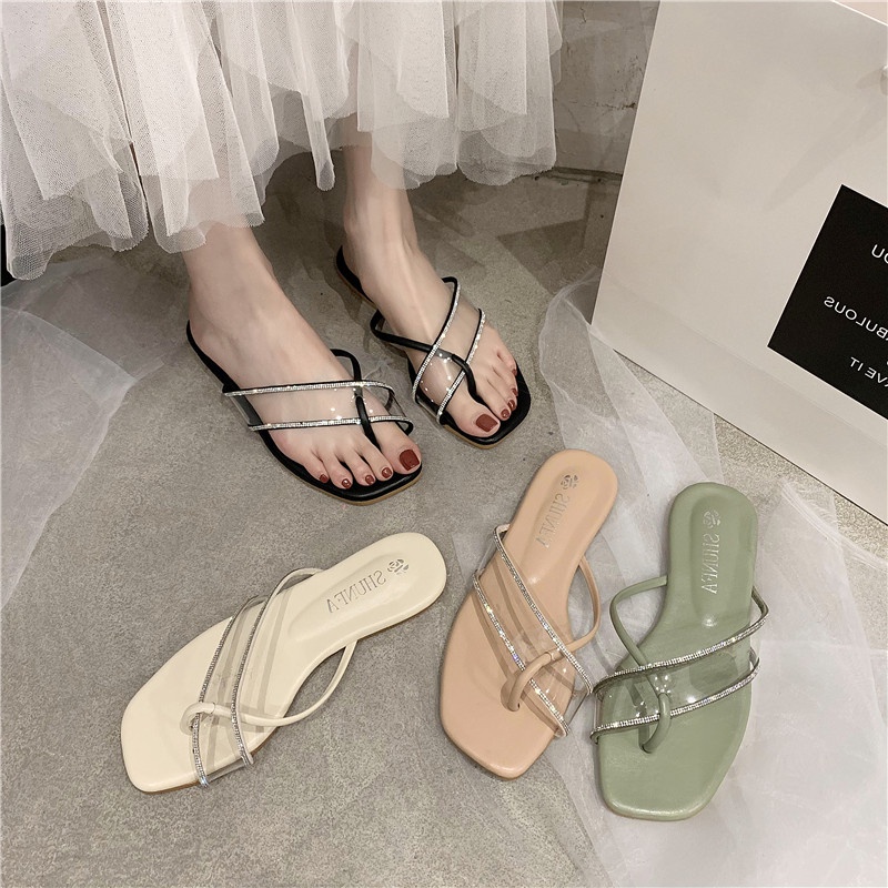 ∏✹✲Crystal slippers female ins trendy outer wear flat bottom 2021 new summer net red hot style rhinestone flip-flop sandals and slippers