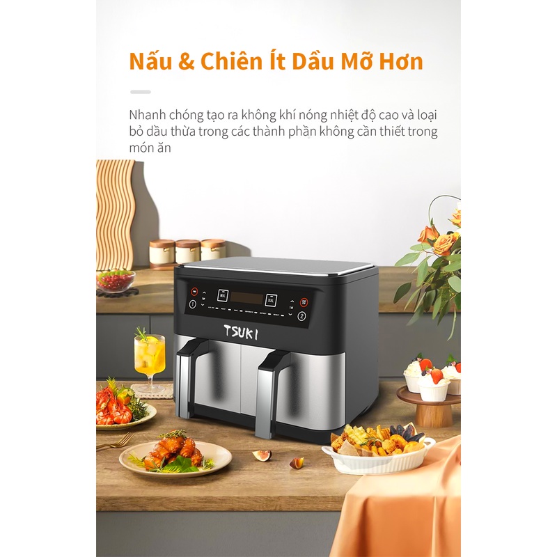 Nồi chiên không dầu STUKI-AF1001 Chính Hãng, 2 ngăn riêng biệt không át mùi, dung tích 10L, 6 chế độ nấu, BH 12 tháng