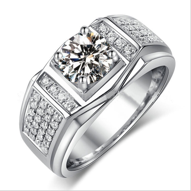 Nhẫn cưới mạ bạc 925 đính kim cương giả đơn giản cho nam