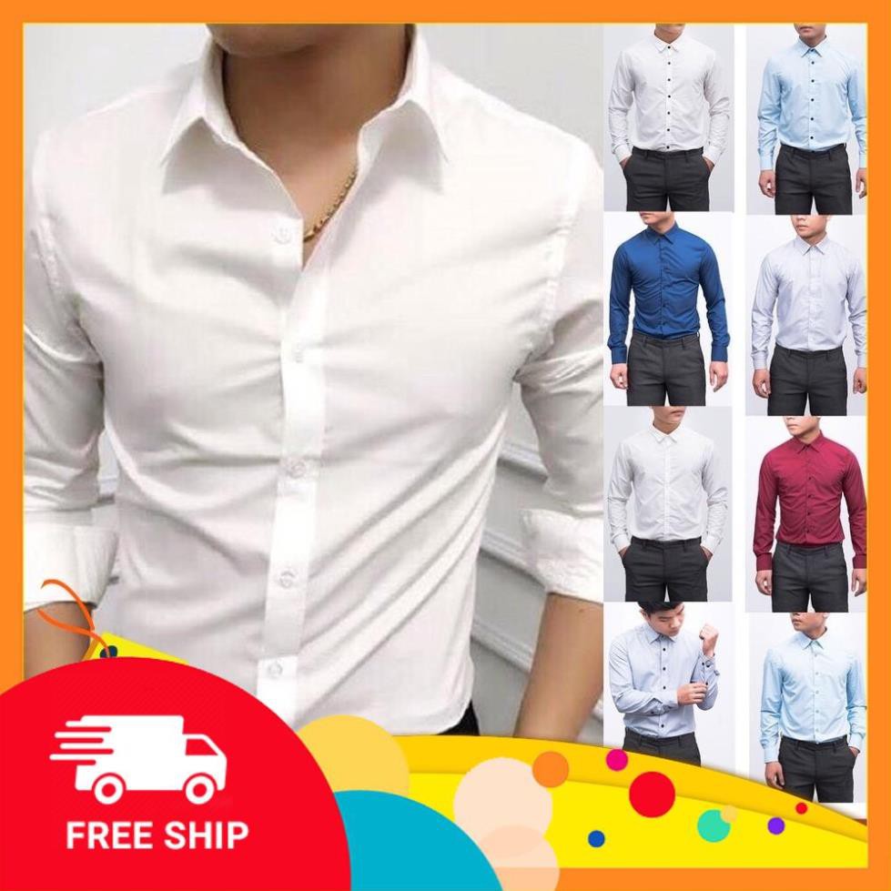 (FREE SHIP) Áo sơ mi nam dài tay Hàn Quốc dáng ôm sơ mi nam trắng cổ bẻ vải lụa thái chống nhăn chống xù