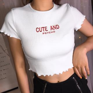 Áo crop top nữ tay ngắn thêu chữ thời trang