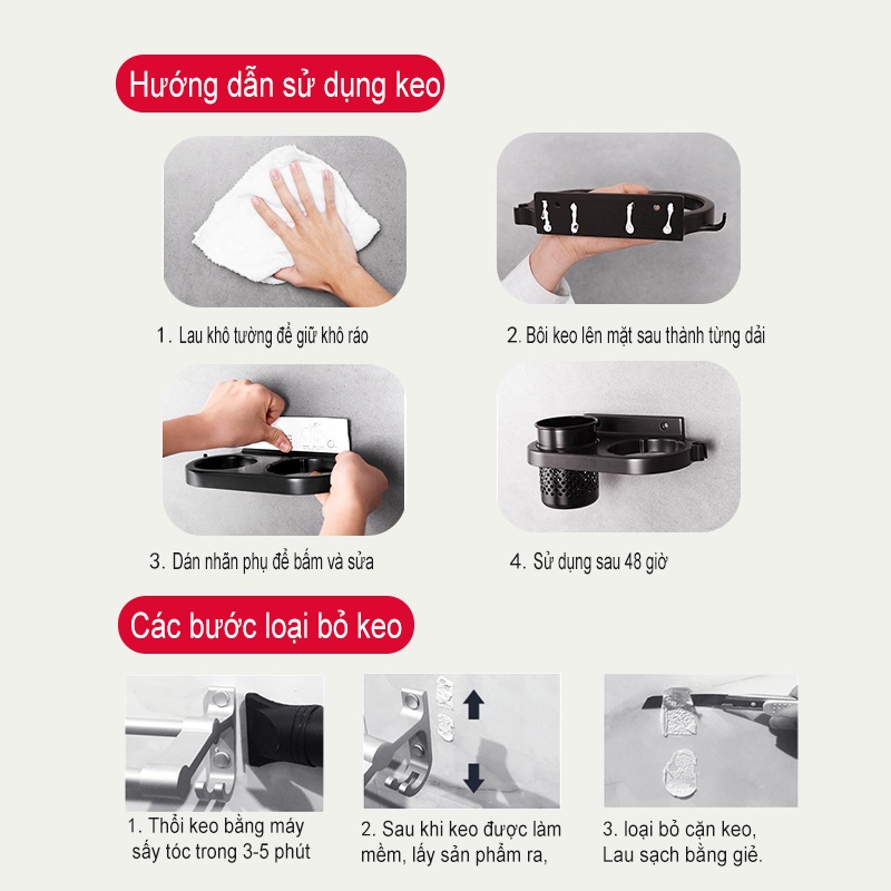 Giá đỡ máy sấy tóc MEIDOO bằng nhôm gắn tường đa năng dành cho phòng tắm