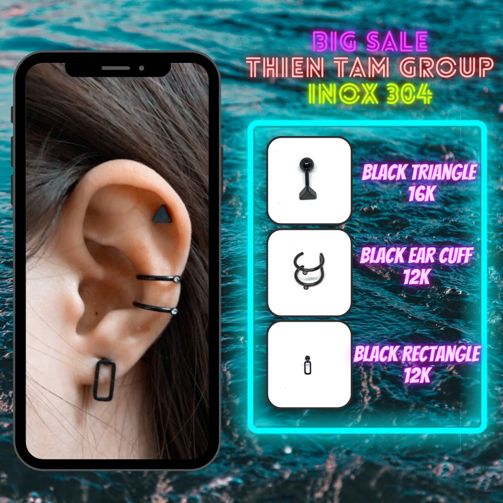 Khuyên tai tam giác khuyên kẹp vành khuyên tai chữ nhật bằng inox 304 không rỉ X11 - Tâm Tattoo