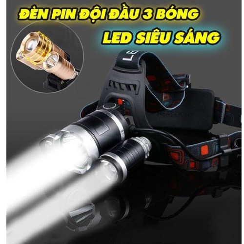 Đèn Pin Đội Đầu 3 Bóng Led T6- Siêu Sáng, Kèm 2 Pin, Kèm Sạc