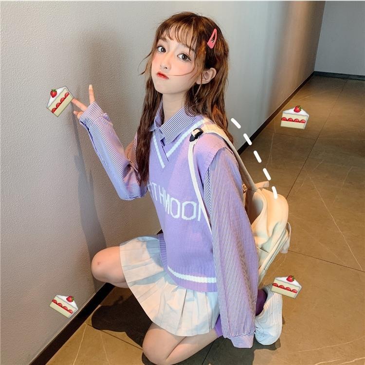 Set áo sơ mi dài tay và áo khoác len không tay thời trang dành cho nữ