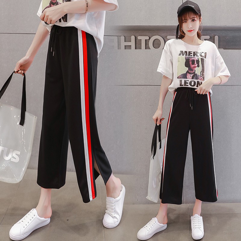 Quần Dài Lưng Cao Kẻ Sọc Xẻ Tà Phong Cách Hàn Quốc Size S-6Xl