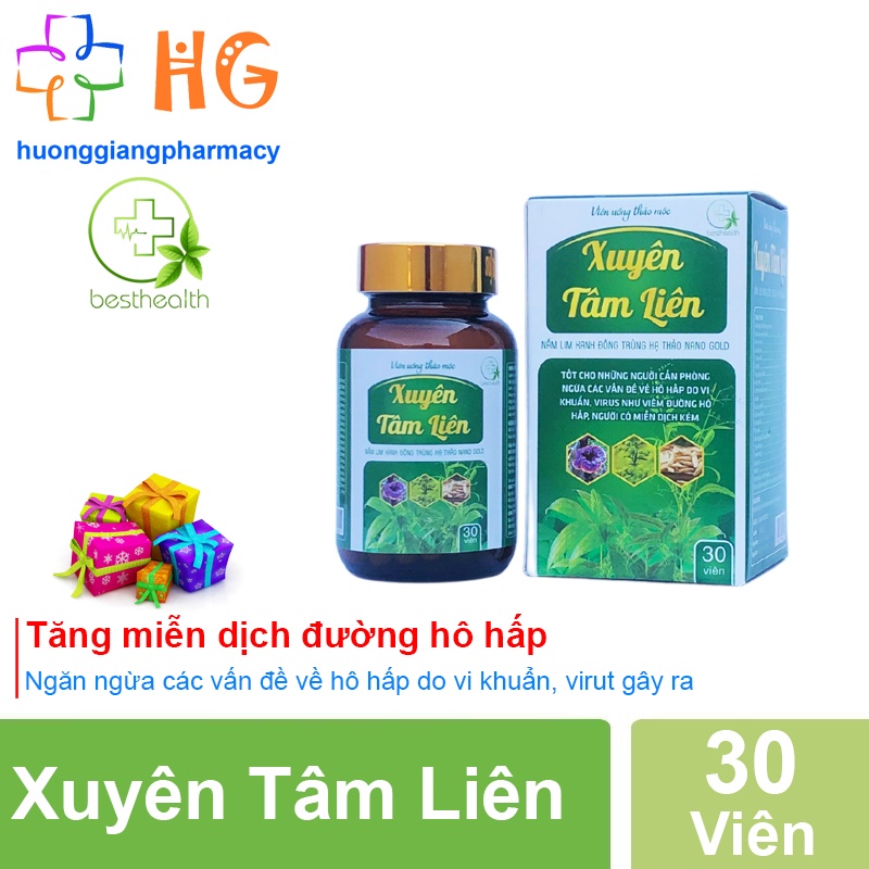 Xuyên tâm liên Nấm lim xanh Đông trùng hạ thảo Giúp tăng cường sức đề kháng hô hấp Tăng miễn dịch cho cơ thể Hộp 30 Viên