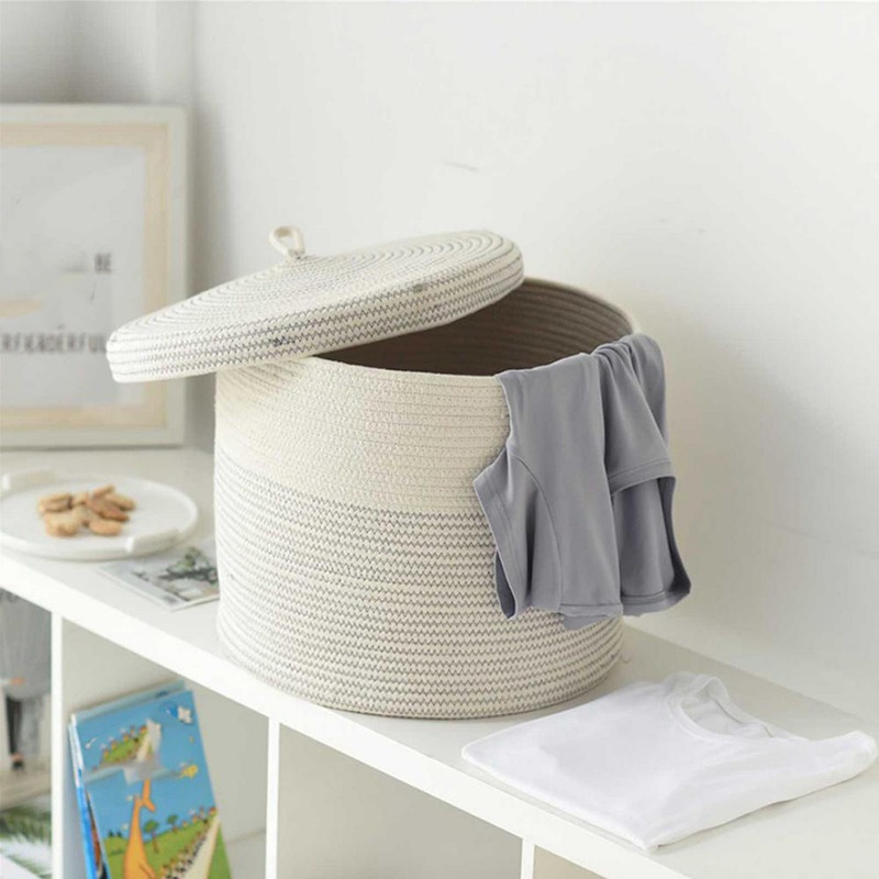 Giỏ Đựng Đồ Giặt / Đồ Chơi Bằng Dây Cotton Bện Có Nắp Đậy Sắp Xếp Gọn Gàng