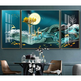 [Eco_Painting] Tranh treo tường 3D bộ 3 tấm - "Ánh trăng tài lộc" , Khổ chuẩn ,tranh hiện đại phủ bóng gương