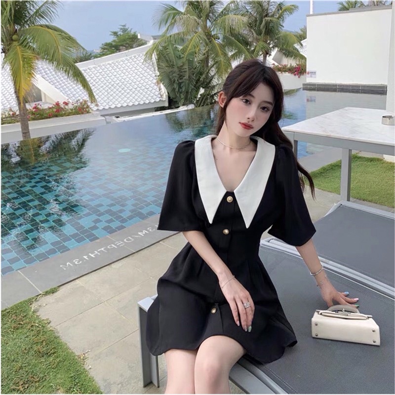(Có Bigsize) Đầm Váy Đen Phối Cổ Trắng Nút Ngọc Chít Li Eo Trẻ Trung Mặc Đi Chơi Dạo Phố Dự Tiệc | BigBuy360 - bigbuy360.vn