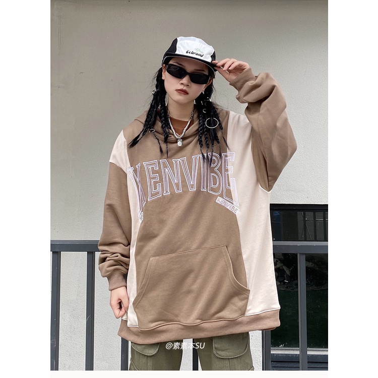 Áo sweater Có Mũ Trùm Dáng Rộng Cỡ Lớn Màu Sắc Tương Phản Kiểu Đường Phố Âu Mỹ Thời Trang Mùa Thu 2022 Mới Cho Nữ