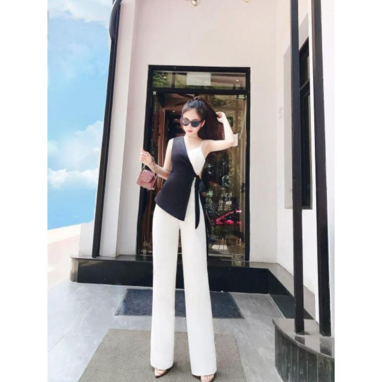 Đầm dự tiệc jumpsuit dài màu trắng thiết kế cách điệu phối áo đen sang trọng