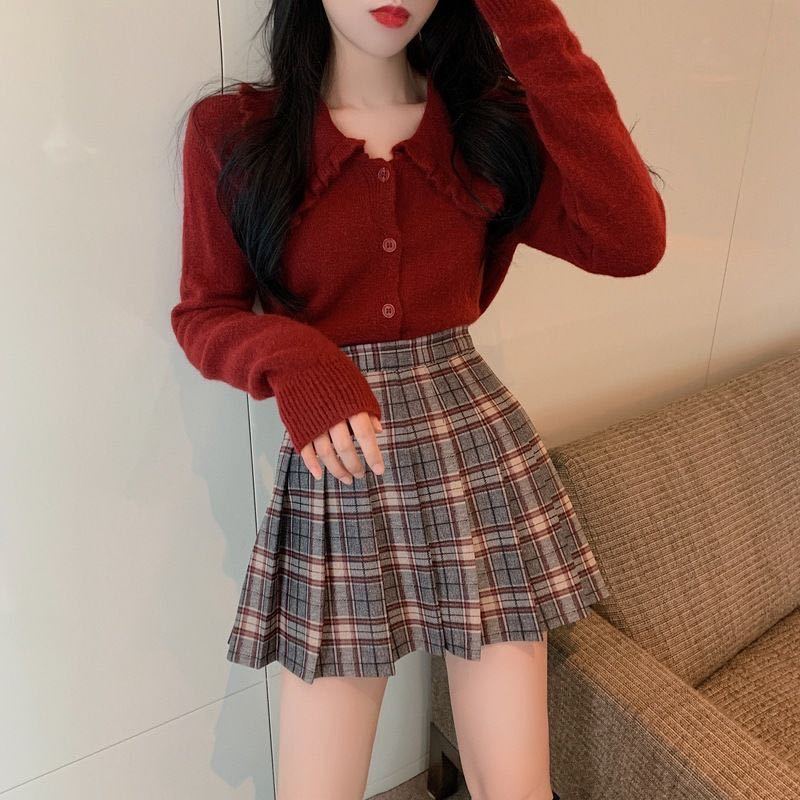 Set Áo sweater Và Chân Váy Caro Phong Cách Hong Kong Cho Nữ