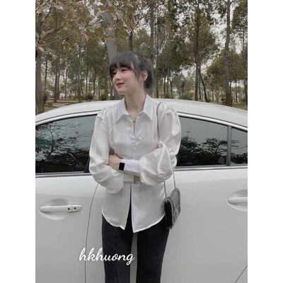 Áo sơ mi lụa khuy tay bồng nơ sau tôn dáng
