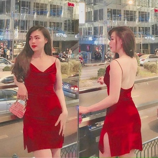 Đầm đen đỏ 2 dây nhung cổ đỗ hở lưng (kèm mút ngực)