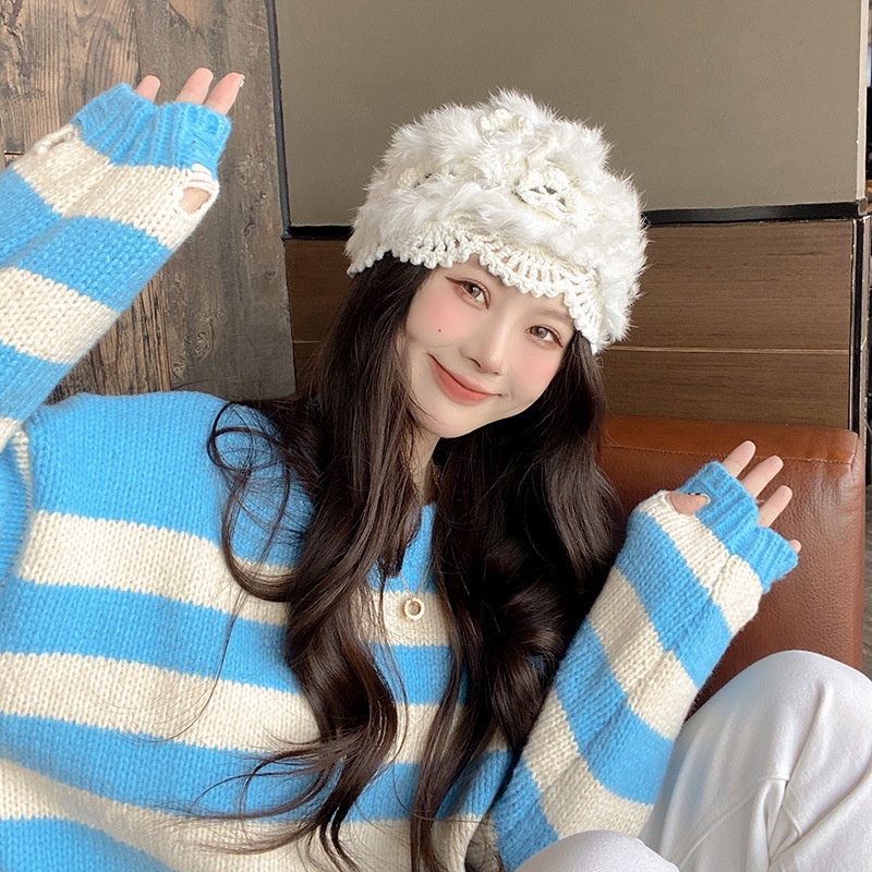 Mũ Dệt Kim Phối Lông Thỏ Ấm Áp Thời Trang Mùa Đông Cho Nữ