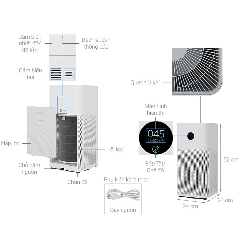 Máy lọc không khí Xiaomi Mi Air Purifier 3C 3H 320m³/h 35m² FCADR 60m³/h Bản Quốc Tế BH 12 tháng