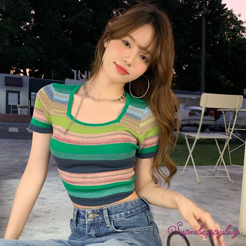 Áo Dệt Kim Ngắn Tay Cổ Vuông Ôm Dáng Họa Tiết Kẻ Sọc Nhiều Màu Sắc Cho Nữ