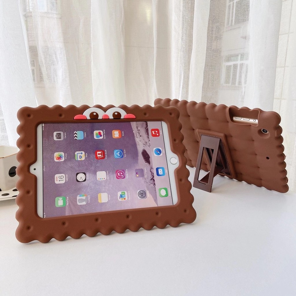 Ốp lưng silicone hình bánh quy chocolate hoạt hình chống rơi có giá đỡ cho Ipad 2020 10.2"/2/3/4/mini 5 Air 3 10.5"