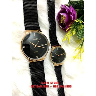 Đồng hồ cặp đôi dây thép lụa Halei Black gold
