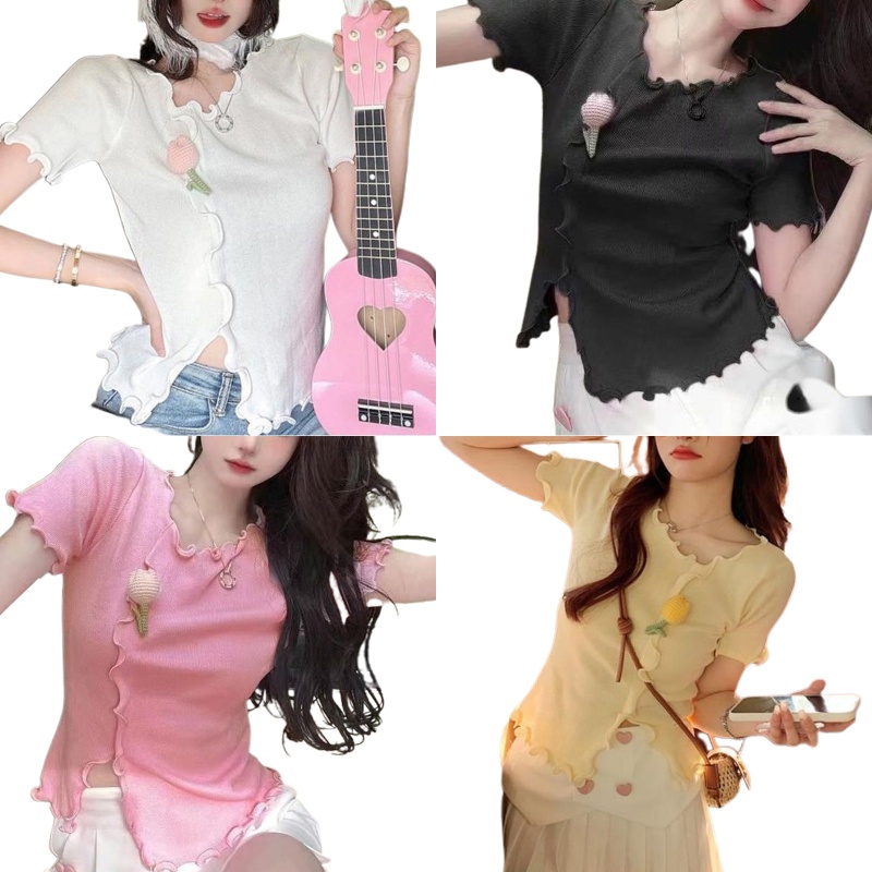 Áo Crop Top Nữ Tay Ngắn In Hoa 3D Thời Trang