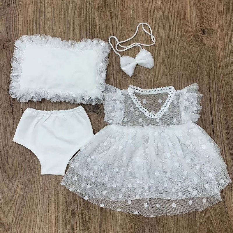 1 Bộ Áo Liền Thân Phối Ren + Gối + Băng Đô Dành Cho Bé Chụp Ảnh