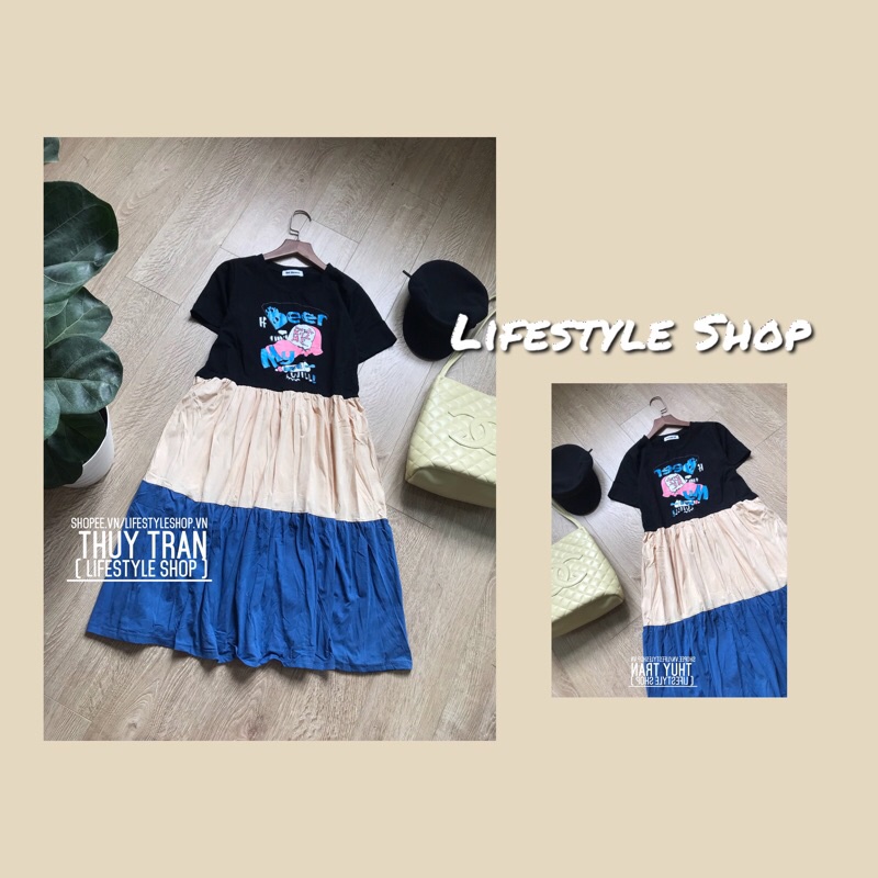 🍂Váy thun babydoll phối màu in hình