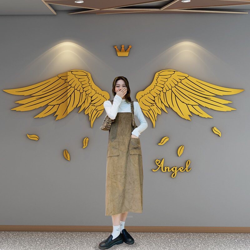 Tranh dán tường mica dán nổi cánh tiên gold angel trang trí phòng tập gym, yoga, quán cafe