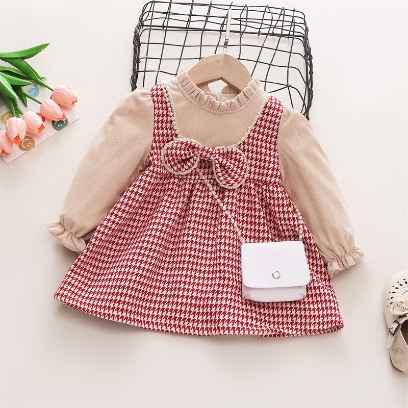 Set Áo Dài Tay Cổ Bèo Đính Nơ + Chân Váy Xòe Dễ Thương Cho Bé Gái