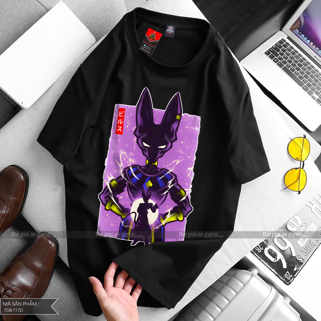 Áo thun Unisex Goku Beerus Đen T17 Mới, Áo phông Nam Nữ Son Goku 7 Viên Ngọc Rồng Có size nhỏ cho bé Thegioiaogame