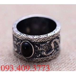NHẪN KHẮC HOA VĂN HÌNH RỒNG - HỘT ĐÁ ĐEN - NH183