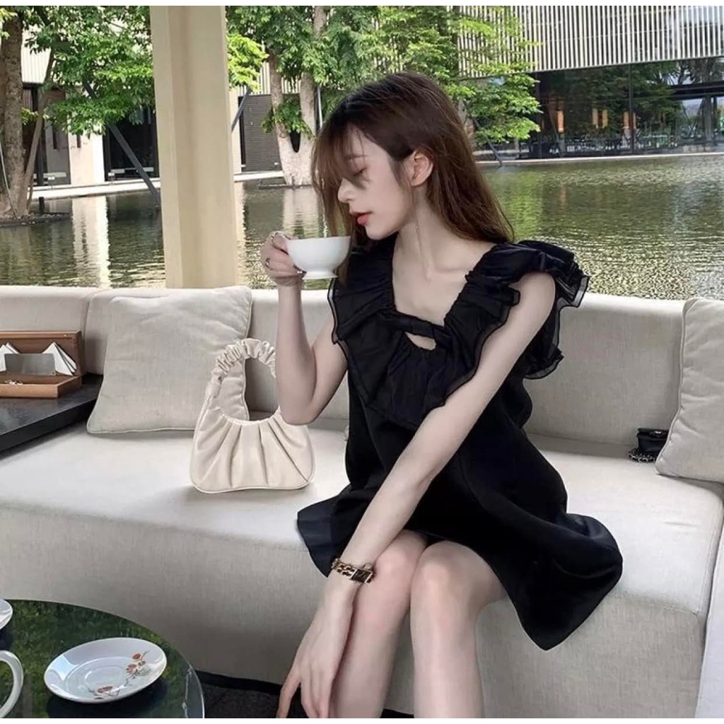 Đầm babydoll xoè tay phồng hở lung elly dress hình shop tự chụp