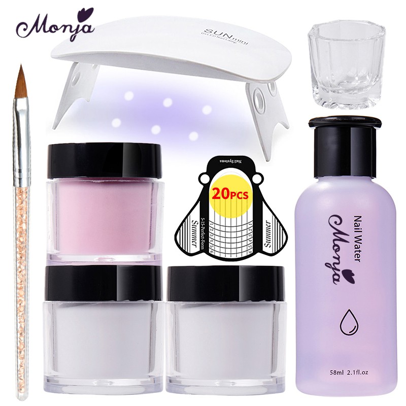 [Hàng mới về] Bộ Dụng Cụ Làm Móng 8 Món MONJA Với Bột Acrylic Đắp Móng Hồng Trắng Trong Suốt Kèm Đèn UV Khuôn Làm Móng