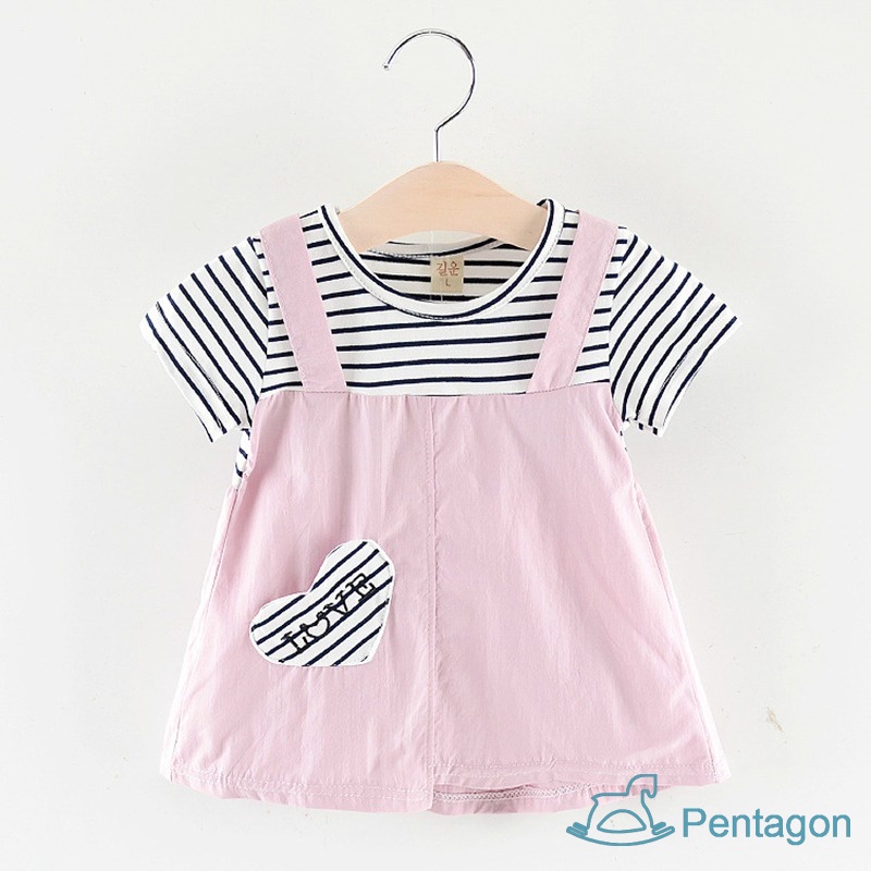 Đầm Ngắn Tay Giả Hai Lớp Họa Tiết Sọc Dễ Thương Thời Trang Mùa Hè Cho Bé Gái