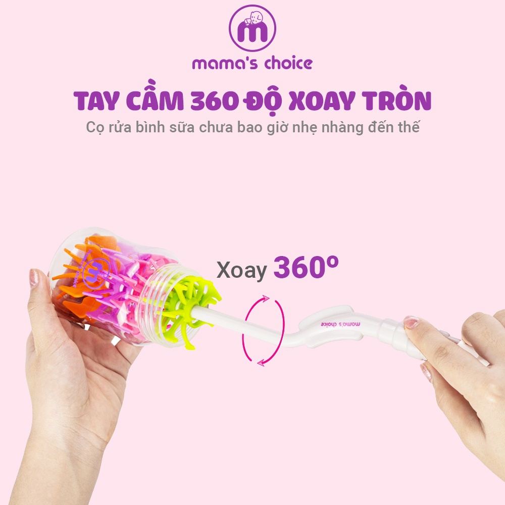 Bộ Cọ Rửa Bình Sữa Núm Ti Mama’s Choice, Tay Cầm Xoay 360 Độ, Chất Liệu Silicone Cao Cấp và Mềm Mại