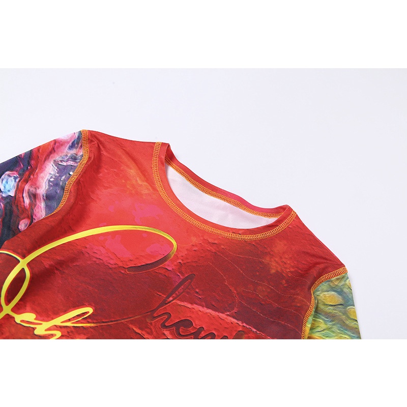 DUNEA Áo thun tay dài cổ tròn in họa tiết thời trang trẻ trung cho nữ