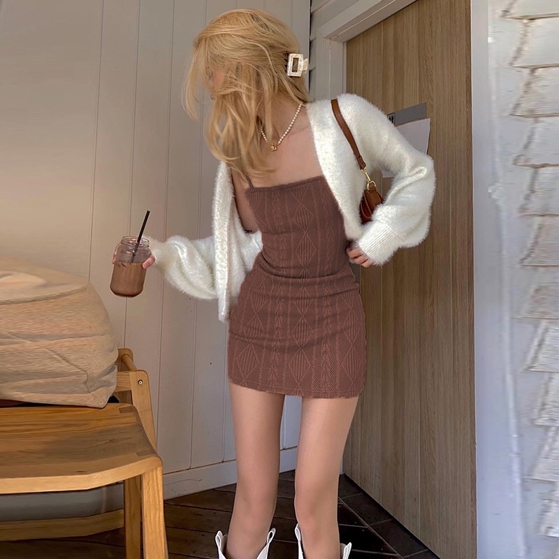 Đầm Váy 2 Dây Nữ Dệt Kim Có Thể Phối Cùng Cardigan 4 Màu Hot Dễ Mặc
