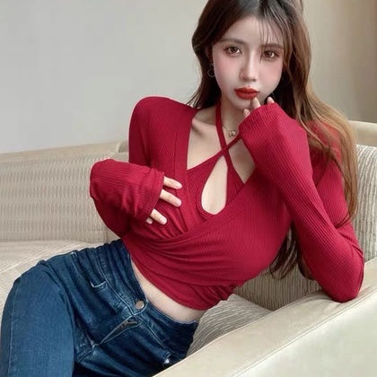 Áo croptop dài tay cổ yếm HAGA áo đan thân cổ yếm ADTCY65