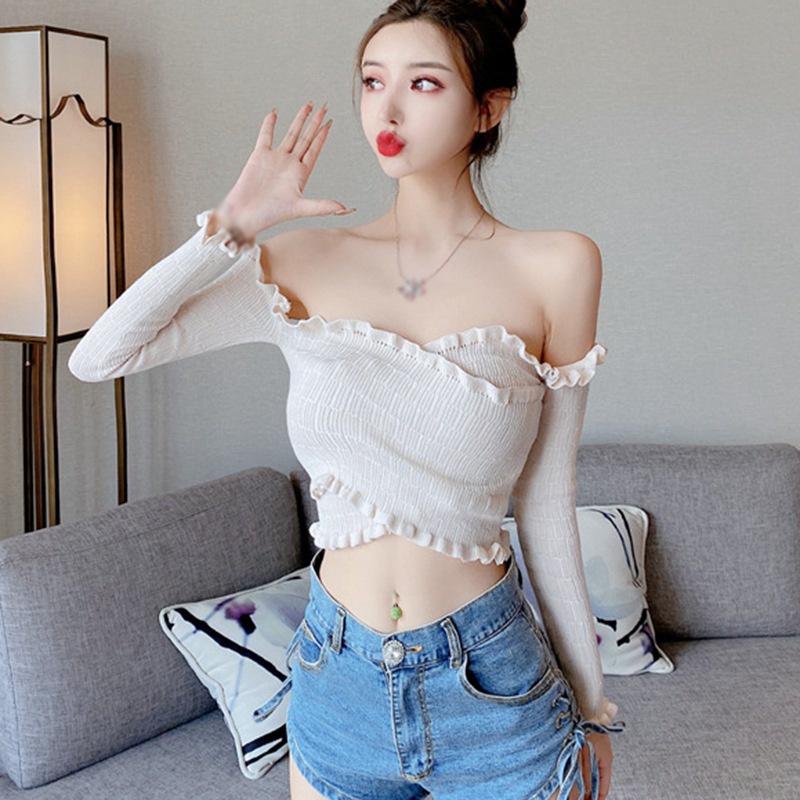 Áo Croptop Dệt Kim Tay Dài Thiết Kế Trễ Vai Quyến Rũ