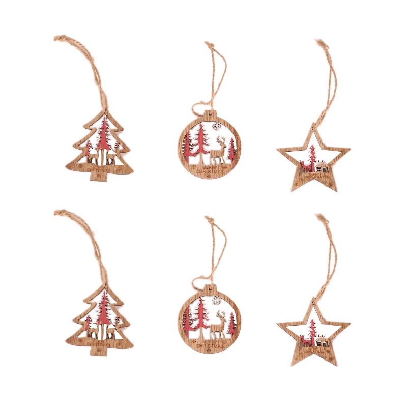 Bộ 6 phụ kiện gỗ họa tiết rỗng treo cây thông trang trí lễ giáng sinh
