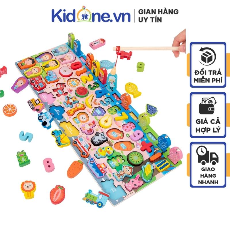 Bảng chữ cái, con số bằng gỗ cho bé 5in1 KIDONE bộ 5 hàng câu cá, chữ số, trái cây, động vật, giao thông, gia đình KO15