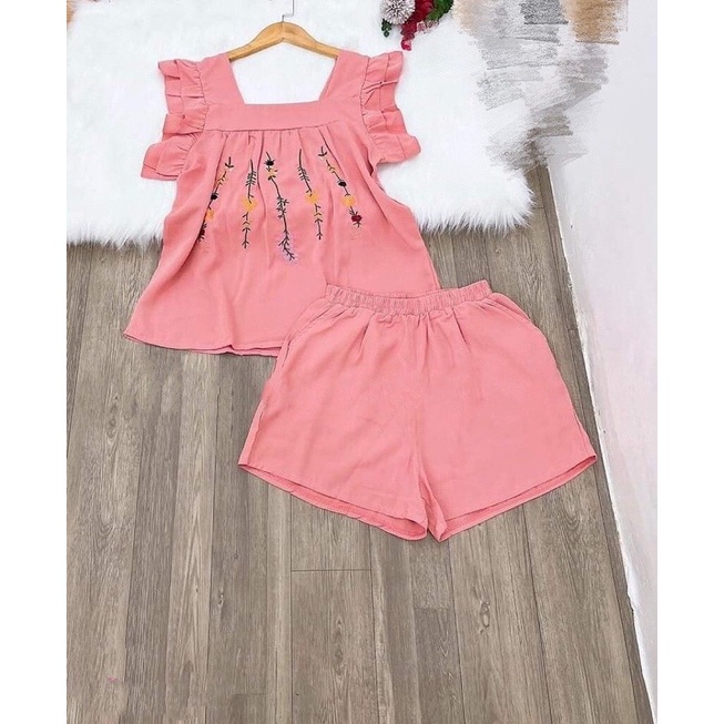 Đồ bộ LỤA ĐÙI THÊU CỔ VUÔNG BÈO VAI DỄ THƯƠNG MỊN MÁT thời trang