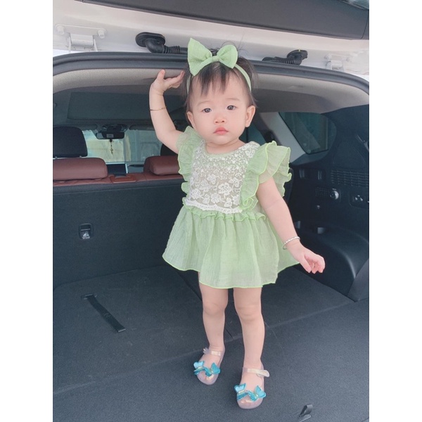 Bodysuit Cho Bé Gái Màu Xanh, Thiết Kế Ren Ngực Sang Chảnh, Body Cho Bé Kèm Turban