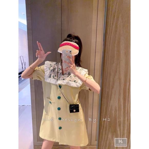 Váy suông cổ bèo hoa nhí tay phồng gài nút vải siêu đẹp( hình thật)
