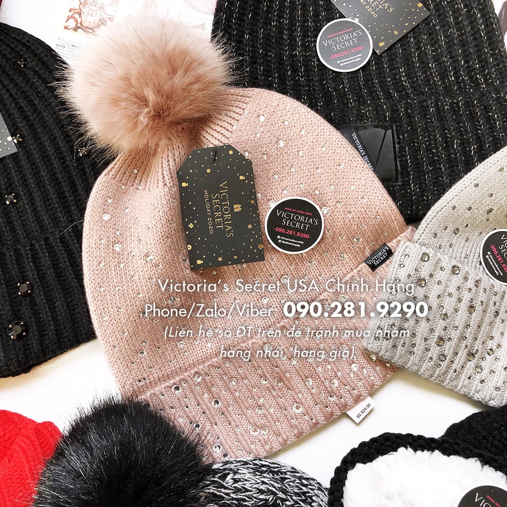 (55) Mũ len hồng đính hạt siêu xinh, phong cách Mỹ - Hàng nhập Victoria's Secret USA