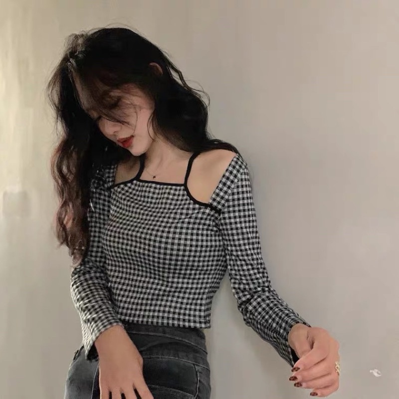 Áo hai dây hở vai sọc caro sexy thời trang nữ 2022