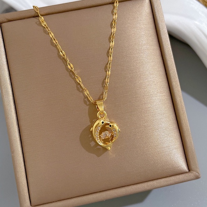 Vòng cổ Thép Titan Mặt Hình Cá Heo Thông Minh Dát Vàng Nhỏ Đơn Giản Thời Trang Cho Nữ