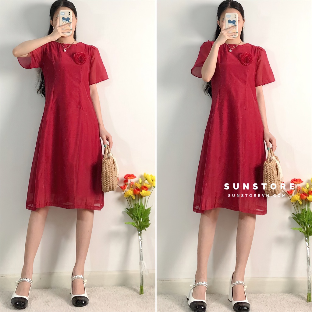 Đầm dự tiệc dáng ngắn mini váy xoè tay ngắn voan đỏ kèm bông tay lỡ